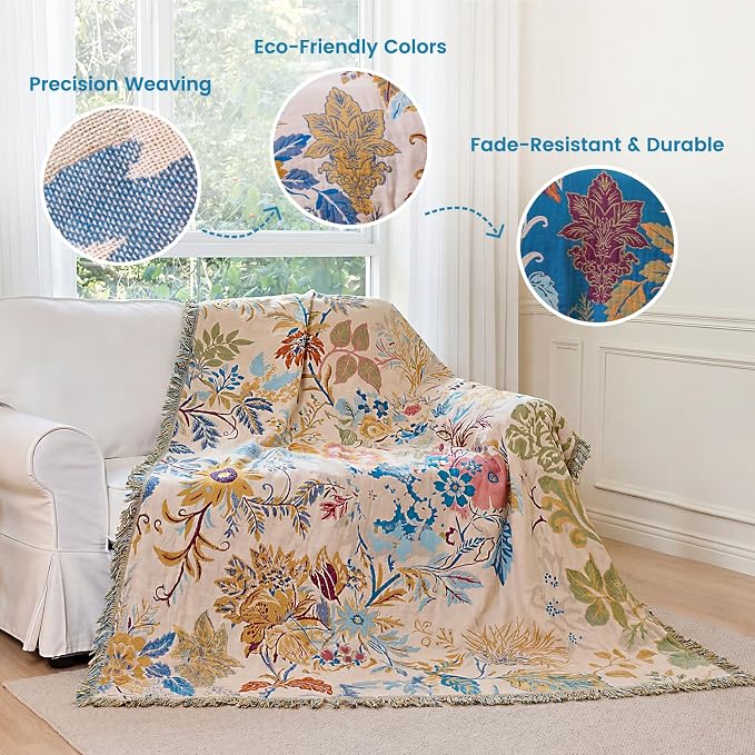 MSGKV Boho Throw Blanket for Bed Cotton 60"x80" Floral Blanket Twin Size Couch All Seasons Muslin Summer Breathable Lightweight Farmhouse Blankets