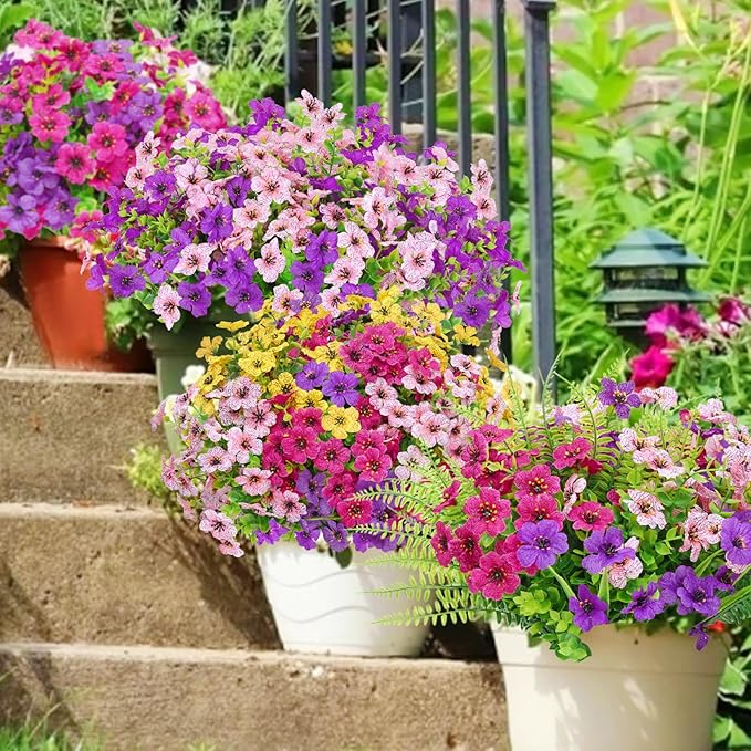 Yastouay 24 Bundles Artificial Flowers for Outdoors, UV Resistant Artificial Outdoor Flowers No Fade Fake Outdoor Flowers Plants for Garden Porch Window Box Pot Planters Decor (Mixing+Fern A)