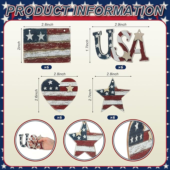 Junkin 24 Pcs 4th of July Wooden Ornaments Vintage Patriotic Tree Decorations Rustic Stars Hearts Flags USA Red White Blue Hanging Ornaments for 250th Anniversary Memorial Independence Day Party Decor