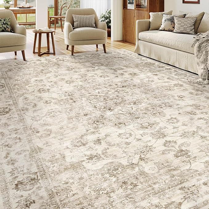 8x10 Washable Neutral Area Rug Beige Vintage Living Room Bedroom Carpet Non-Slip Medium Pile Thicker Floral Indoor Large Throw Rug for Dining Room Office