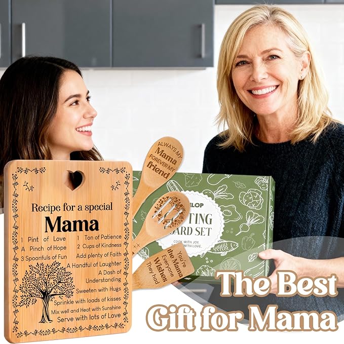Mama Gifts - "Recipe for a Special Mama" Mama Gifts for Women Cutting Board Set, Bamboo-Made Engraved Utensil Set Gifts for Mama Cutting Board, Mothers Day Gifts for Mama.