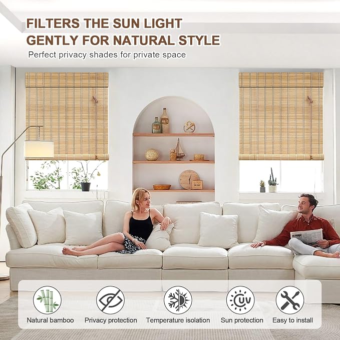 No Tool No Drill Bamboo Blinds for Interior Windows, Bamboo Shades for Indoor Windows, Roller Shades for Indoor Window and Outdoor Patio, Easy to Install for Home & Porches