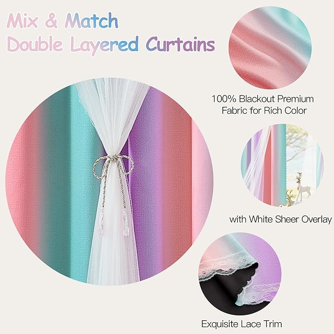 XiDi Kids Blackout Curtains with Sheer Overlay for Girl Bedroom 96 Inches Long Pink Purple Green Rainbow Princess Double Layer Curtain Thermal Insulated Room Darkening Grommet Drapes 2 Panels W34xL96