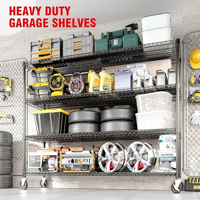 4-Tiers Storage Shelves 59" W Heavy Duty Garage Shelving Units with Adjustable Shelf and Wheels, 2640LBS Capactiy Wire Shelving Rack for Garage Pantry Kitchen Industrial