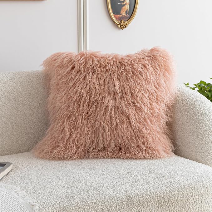 MOOX Mongolian Lamb Fur Pillow Covers Lumbar Throw Sheepskin Pillow Case Genuine Wool Fur Tibetan Accent Living Room Bedroom Decorative Cushion Cover (18 * 18inch Pink)