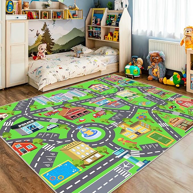 Kids Room Rug - Soft & Non-Slip 9x12 Ft Town Car Rug City Map Play Mat, Childrens Road Catpet Washable Rug for Classroom Nursery Bedroom Boys