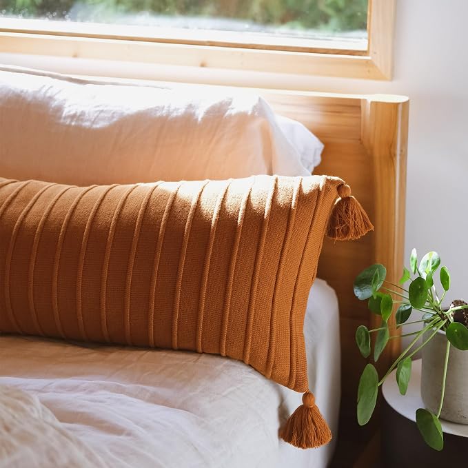14x36 Cotton Knit Lumbar Pillow Cover – Ribbed Texture with Tassels, Decorative Accent for Bed or Sofa (Burnt Orange)