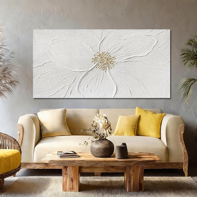 Elegant Floral Abstract Wall Art, Hand Painted Textured Canvas in Soft Ivory and Warm Neutral Tones with Subtle Gold Detail, Modern Wall Decor for Living Room or Bedroom, Ready to Hang, 24×48 Inch