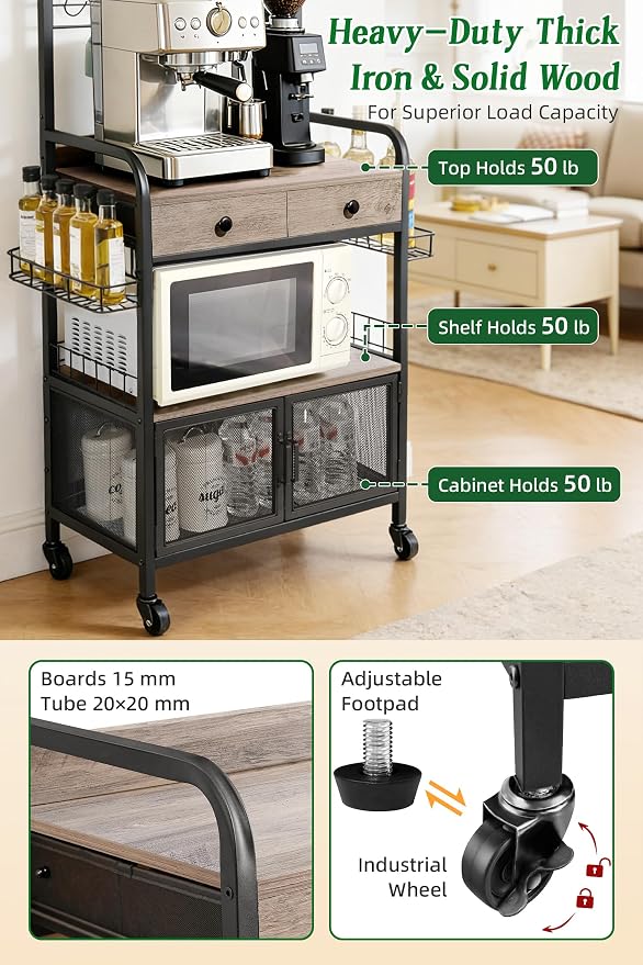 Coffee Bar Cabinet with Storage, Coffee Cart with Wheels, Coffee Station with Coffee Bar Sign and Mug Hook, Corner Coffee Bar Table with Drawer, Bakers Rack for Kitchen Dining Room Living Room Nook