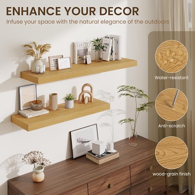 Fun Memories 12" Deep Floating Shelves for Wall, 36" W x 12" D Floating Shelves, Long Wood Floating Wall Shelf for Living Room Bathroom Bedroom Kitchen, Oak, Set of 2