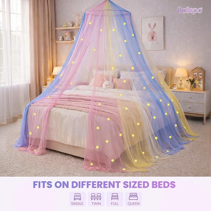 Bollepo Bed Canopy for Girls with Glowing Stars - Canopy Bed Curtains | Fits Single, Twin, Full, Queen Size Kids - Princess Bed Canopy | Rainbow Bedroom Accessories, Netting Room Decor, Ceiling Tent