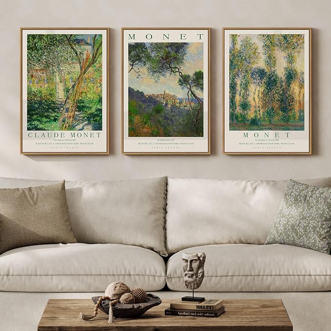 3 Piece Framed Monet Landscape Wall Art for Living Room, Large Impressionist Vintage Canvas Artwork for Walls, Green Tree Nature Prints Painting for Bedroom Dining Room Wall Decor 16x24 Inch