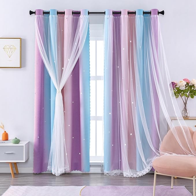 XiDi Girls Blackout Curtains 54 Inches Long for Bedroom, Room Darkening Grommet Window Ombre Curtains 2 Panel Sets, Kids Unicorn Princess Theme Decor Colorful Rainbow Design Pink Purple 62W x 54L