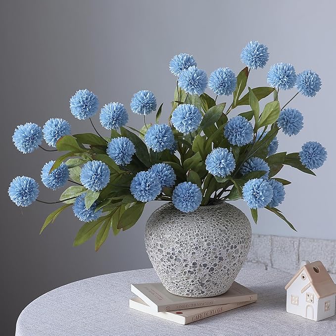 VIERENA 6 Pcs Faux Silk Pompon Mum Artificial Flowers for Vase -27", Bulk Fake Chrysanth Branches with Stems for DIY Bouquet Centerpieces Wedding Fillers Arrangements Shower Decorations (Dusty Blue)