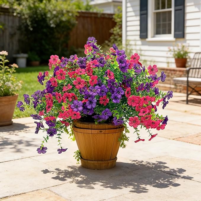 Senjie 12 Bundles Artificial Flowers Bulk for Outdoor Decor, UV Resistant Fake Plastic Flowers, Faux Flowers for Porch Patio Window Boxwood Garden