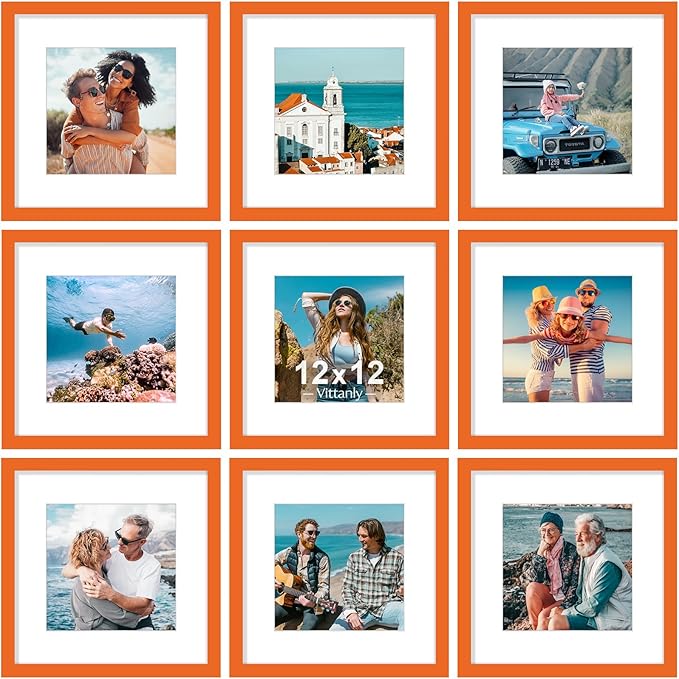 Vittanly 12x12 Picture Frames Set of 9, Shatter Resistant Plexiglass, Display 8x8 Pictures with Mat or 12x12 without Mat, Photo Frames for Wall Mount, Engineered Wood, Orange