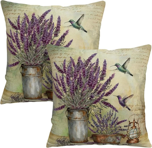 Lavender Pillow Covers Purple Flower Rustic Pillow Covers 18x18 Set of 2 Lavender Hummingbird Pillow Case Spring Vintage Cotton Linen Cushion Case for Garden Farmhouse Patio