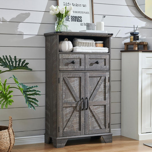 Bathroom Floor Cabinet, Farmhouse 24" Wide Cabinet with Drawer, Adjustable Shelf, Barn Doors, Cabinets for Bathroom, Kitchen, Living Room, Grey Wash