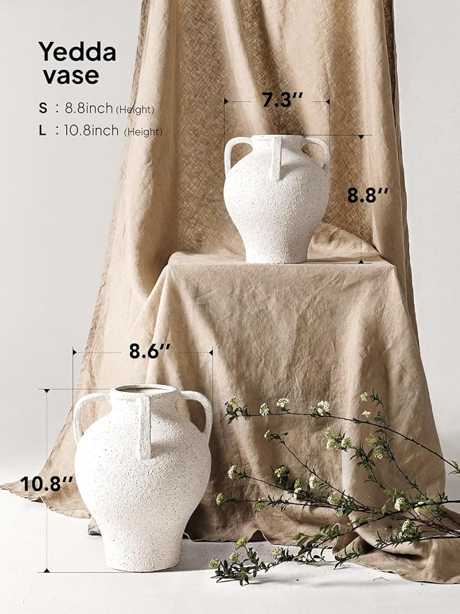 Large White Ceramic Vase - 10.8 Inch Rustic Farmhouse Vase with Handles for Home Decor, Vintage Tall Vases for Living Room, Table, Bathroom, Holiday & Weddings (Rock Sand White)