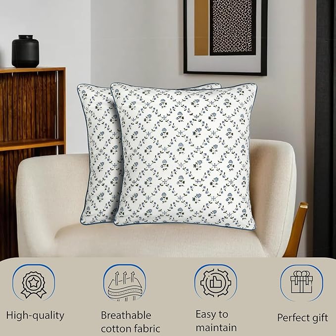 Ridhi Block Print Powder Blue Pillow Cover 16" x 16" (Pack of 2) Decorative Couch Pillows for Living Room, Chic Boho Cute Outdoor Pillows Covers Gifts for Spring, Easter and Valentine
