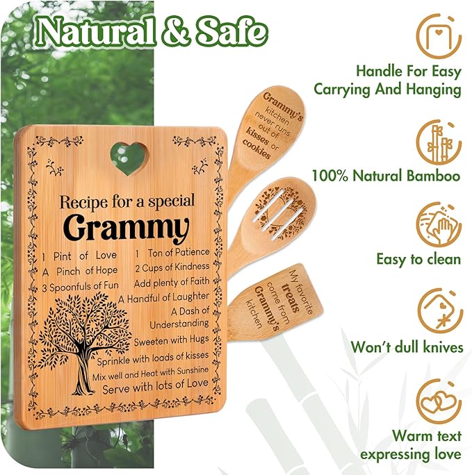 Grammy Gifts - "Recipe for a Special Grammy" Gifts for Grammy Cutting Board Set, Bamboo-Made Engraved Utensil Set Grammy Cutting Board, Mothers Day Gifts for Grammy.