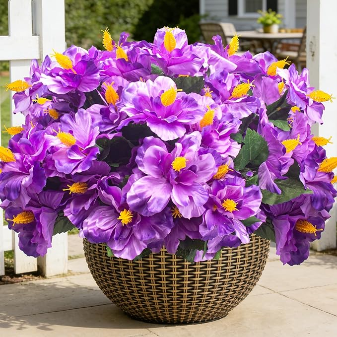 Grunyia Artificial Hibiscus Flowers 5 Bundles, UV Resistant Fake Tropical Flowers Realistic Silk Blooms for Outdoor Planter Garden Patio Porch Window Box Home Decor (Purple)