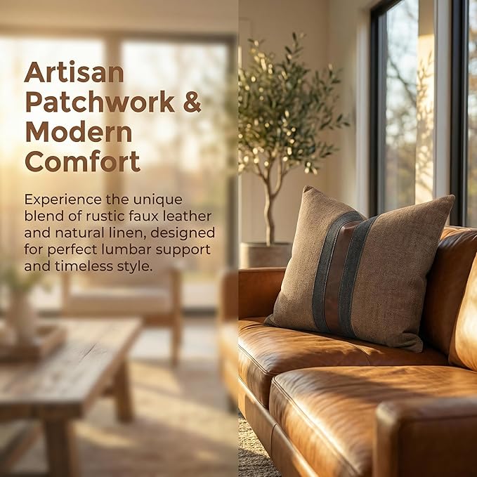 BOYSUM Set of 2 Leather Throw Pillow Covers Cotton Linen Decor Patchwork Pillow Cover Faux Leather Pillows Cover for Couch Sofa Living Room Bedroom,Coffee 20"x20"