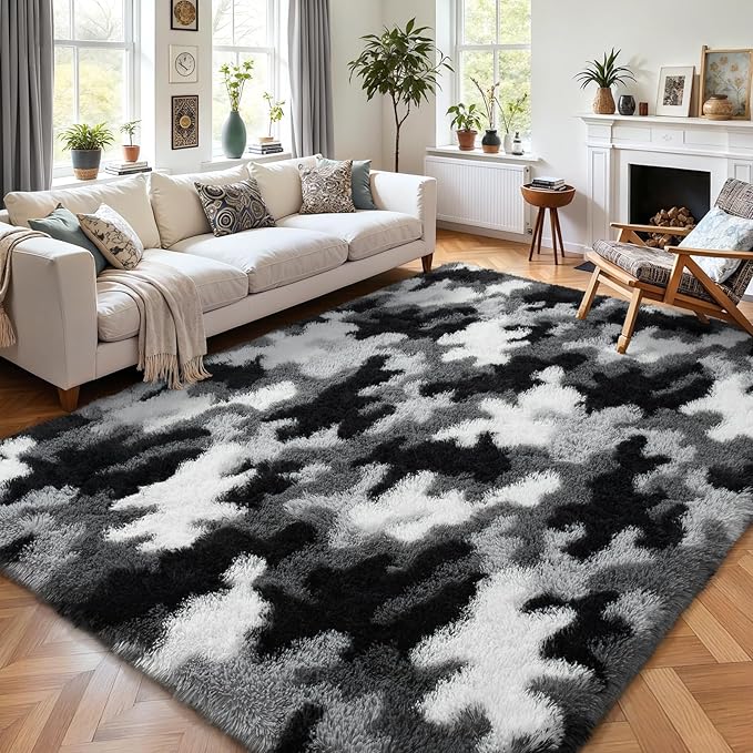 AROGAN Soft Fuzzy Kids Rugs for Girls Room Playroom 3x5 Feet, Fluffy Cute Colorful Princess Carpet for Kids Teens Nursery Toddler, Bedroom, Camouflage Black and White