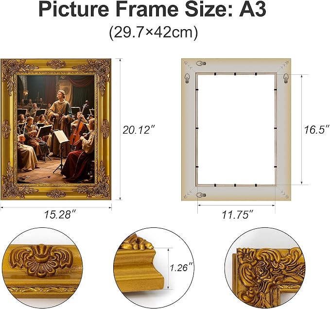 ArtXO Gold A3 Picture Frames: Wooden Wall Frames for 11.75 by 16.5 Photo Display, Vintage Picture Frames, Ornate Photo Frames A3 without Glass and Back