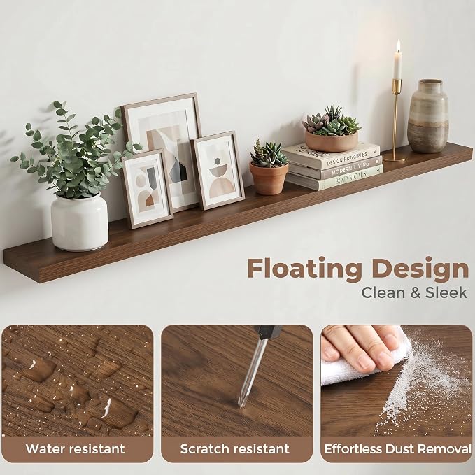 Venusmiles Floating Shelves for Wall, 72 Inch Floating Shelves Set of 1, 6.5" D Wooden Wall Mounted Display Shelves with Invisible Brackets for Living Room, Bedroom, Bathroom, Kitchen Decor, Walnut