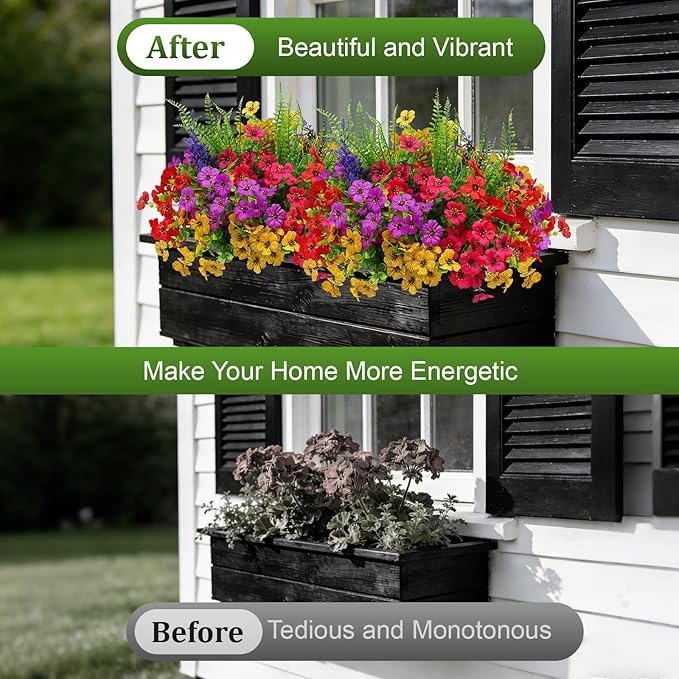 Artificial Fake Flowers for Outdoor UV Resistant,16 Bundles Silk Outside Plants Decoration for Hanging Planters, Daisy Eucalyptus Faux Flower Spring Summer Garden Yard Patio Balcony Home