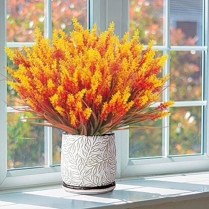 Grunyia 20 Bundles Artificial Plants Outdoor Fake Monkey Grass with Flowers (Fall Red)