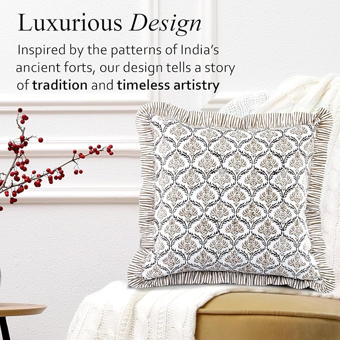 CPC Sandstone Regal Hand Block Print 100% Cotton Ruffle Throw Pillow Cover 18x18 inch with Hidden Zipper Decorative for Couch, Bed, Sofa, Farmhouse, Cottagecore Decor Gift Christmas Fall Thanksgiving
