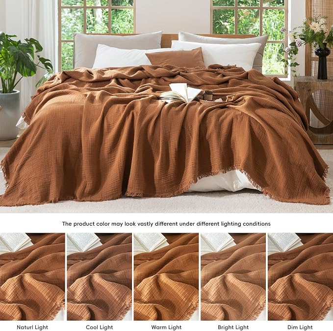 MooMee Muslin Blanket - 100% Cotton 4-Layer Gauze Throw Blanket with All-Around Fringe, Soft Breathable Lightweight Cooling Summer Blankets for Bed Couch (Drak Orange,Throw 60" x 50")