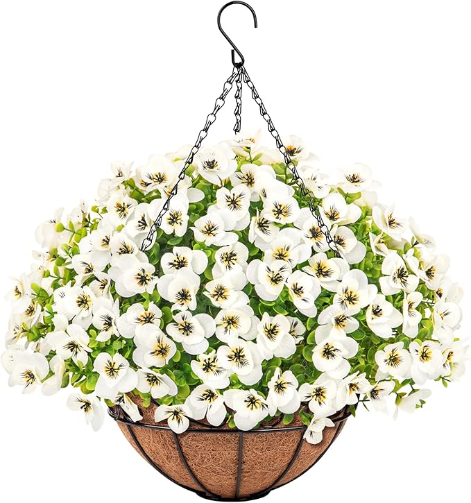 Artificial Hanging Flowers with Baskets for Outdoors, Fake Silk Pansy Flowers UV Resistant Faux Hanging Plants for Front Porch Patio Yard Home Spring Summer Decoration, White