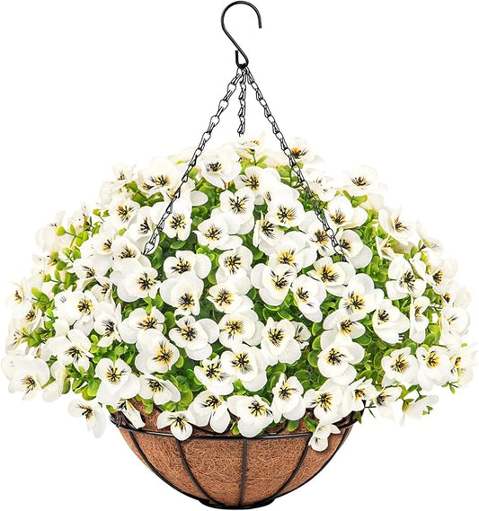 Artificial Hanging Flowers with Baskets for Outdoors, Fake Silk Pansy Flowers UV Resistant Faux Hanging Plants for Front Porch Patio Yard Home Spring Summer Decoration, White