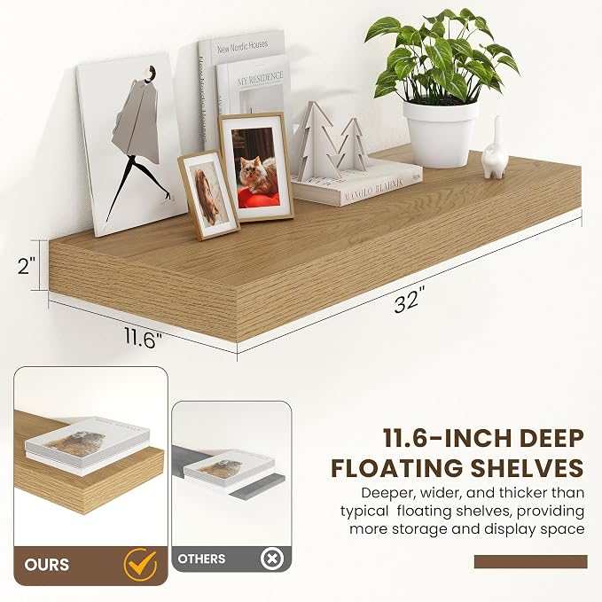 FLYJOE 32 Inch Floating Shelves, 12 Inch Deep Floating Shelves Set of 2, 32''W x 12''D Oak Shelves for Wall, Bathroom Available, Engineered Wood, Mounting Hardware Included