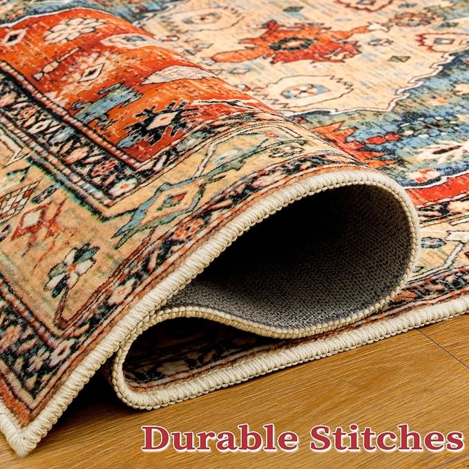 SERISSA 7x9 Area Rugs for Living Room, Large Washable Non-Slip Boho Rug, Ultra Soft Vintage Oriental Tribal Print Distressed Carpet for Dining Room Bedroom Dorm Office Home Decor