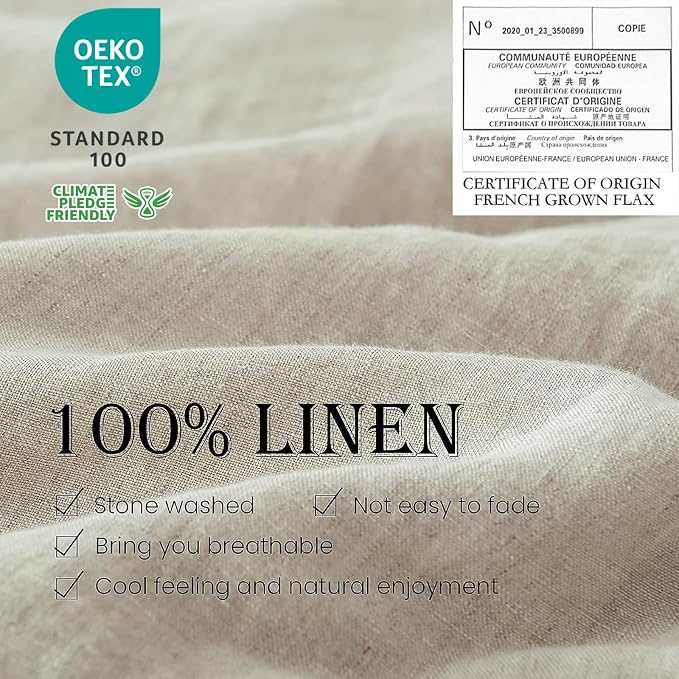 Simple&Opulence 100% Washed Linen Duvet Cover Set 5pcs(1 Duvet Cover& 2 Shams& 2 Pillowcases) Basic Style Natural French Flax Soft Breathable Farmhouse Bedding (Queen, Linen)