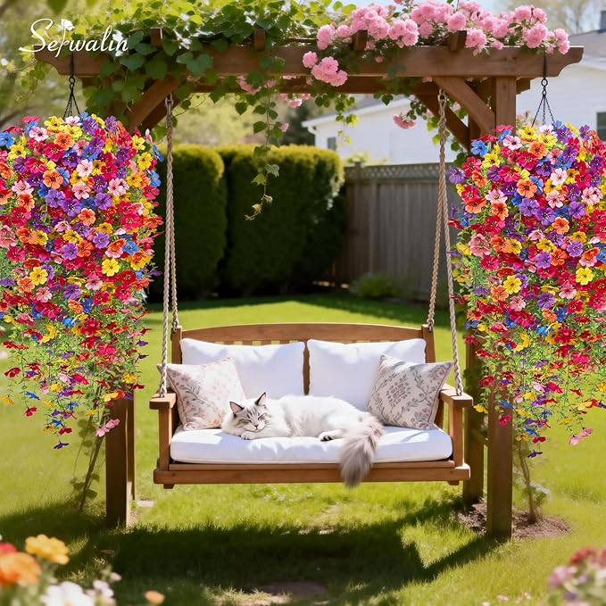 Serwalin 6PCS Artificial Hanging Flowers for Outdoors, UV Resistant Fake Hanging Plants, Realistic Weatherproof Outdoor Decor for Patio, Porch, Garden & Window (Multicolor,6PCS)