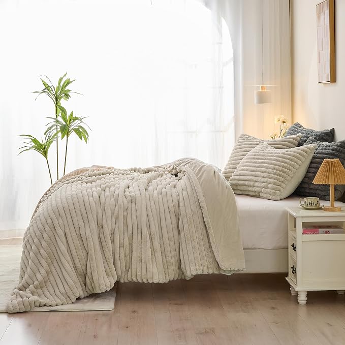 Simple&Opulence Fluffy Faux Fur Comforter Set, Plush Fuzzy Minky Bedding Set, 3 Pieces Warm Soft Comforter Bedding Set for Winter - 1 Shaggy Comforter with 2 Pillow Shams(Queen, Striped - Khaki)