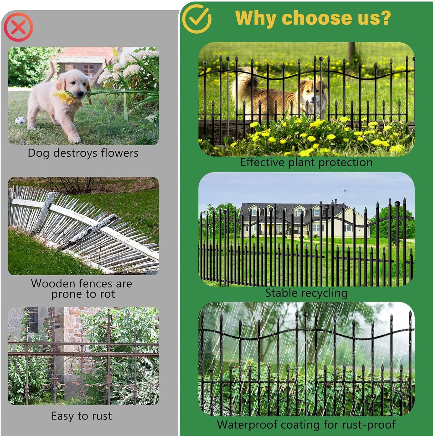 10 Panels No Dig Decorative Garden Fence with Gate, 32in(H) × 22ft(L) Heavy-Duty Rustproof Metal Panels, Outdoor Dog Barrier for Yard & Patio, Landscape, Border| Portable Temporary Fencing