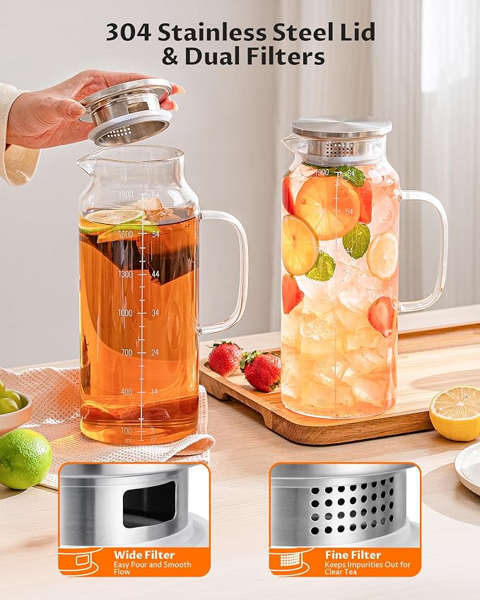 2-Pack 68oz Glass Pitcher with Lid and Handle – Borosilicate Glass Carafe for Hot/Cold Drinks, 2 Liters High-Temperature Resistant Water Pitcher Perfect for Iced Tea, Coffee, Milk, and Fridge Storage