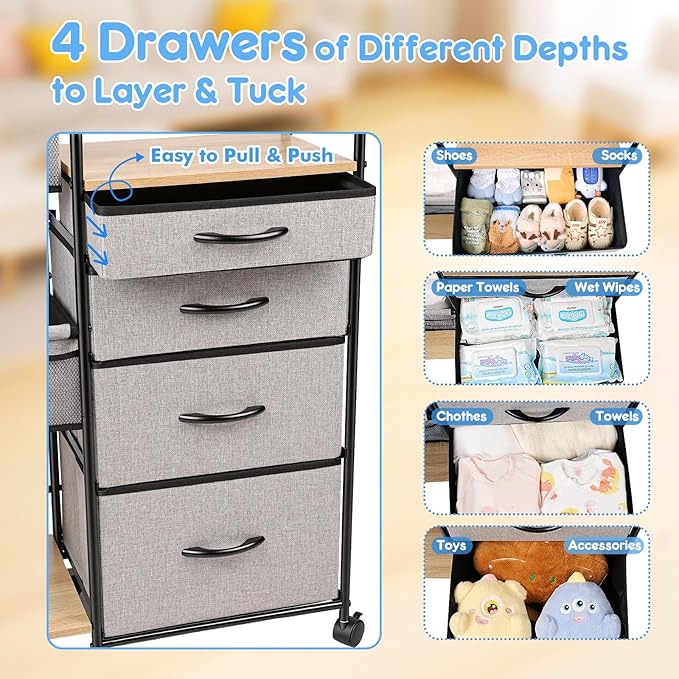 Fabuday Baby Diaper Caddy Organizer Cart - 4 Tier Rolling Diaper Cart with Wheels, Baby Essentials Organizers and Storage, Mobile Utility Carts for Bedside, Crib Nursury, Bedroom, Changing Table