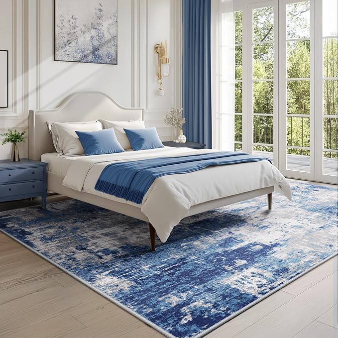 RELEANY Washable Area Rugs 9'x12' Non-Slip Modern Abstract Soft for Living Room Entryway Bedroom, Print Pattern, Blue Grey Navy Gray