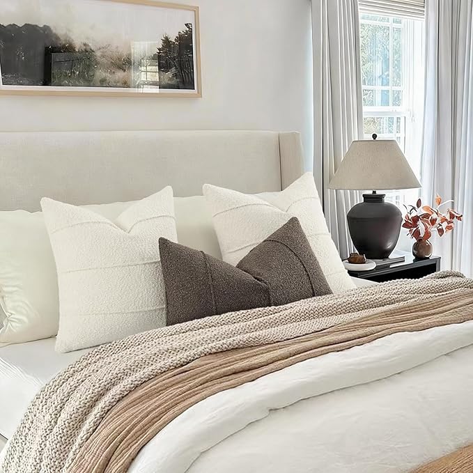 YCOLL Textured Boucle Throw Pillow Covers 20x20 Pack of 2 - Soft Neutral Striped Cushion Covers, Cozy Accent Decorative Pillow Covers for Couch, Sofa, Bed, Living Room (Ivory)
