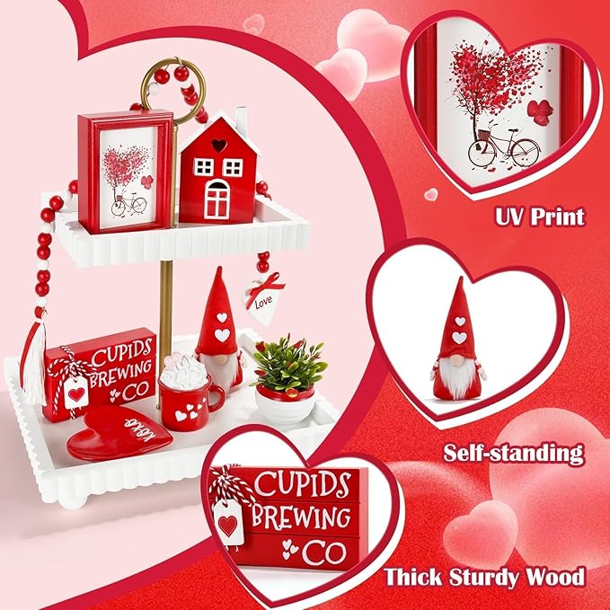 Valentine's Day Decorations 8 PCS Tiered Tray Decor Set, Cute Tabletop Valentine Décor for Home Office Shelf Mantel Coffee Bar Romantic Table Centerpieces Tray Objects Decoration Set