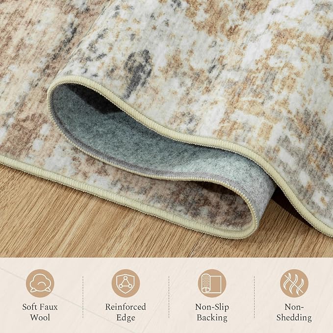 Rugflix 8x10 Area Rugs for Living Room, Washable Large Rug Stain-Resistant Low Pile, Modern Neutral Carpet for Dining Room Home Office Kid Room Nursery Bedroom, Gold/Beige/Grey