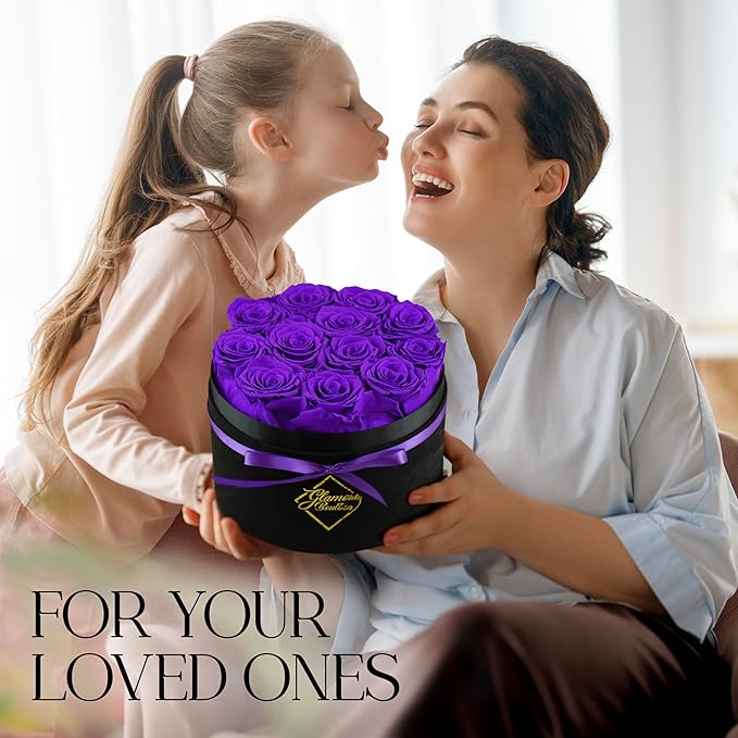GLAMOUR BOUTIQUE Flowers Forever Gift Box, 12 Real Preserved Roses in Velvet Box, Floral Gift for Her, Mom or Wife for Birthday, Mother’s Day, Anniversary or Graduation, Purple (Color-Treated)