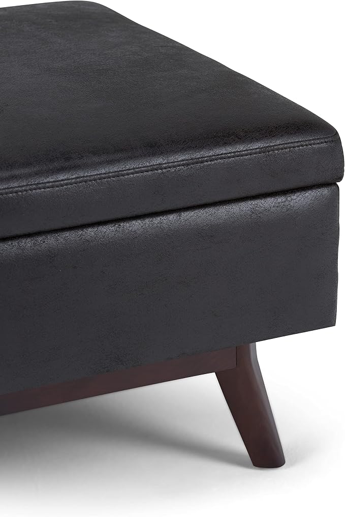 SIMPLIHOME Owen Coffee Table Storage Ottoman - 34" Wide x 19" High Upholstered Vegan Leather Rectangular Lift-Top Ottoman in Distressed Black, Mid-Century Bench for Living Room with Tapered Legs